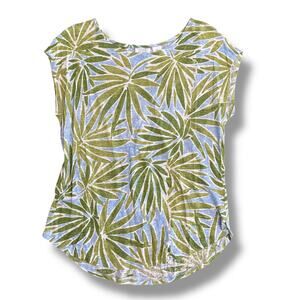 Sigrid Olsen Women’s L 100% Linen Top Green Palm‎ Leaf Print Blue Blouse